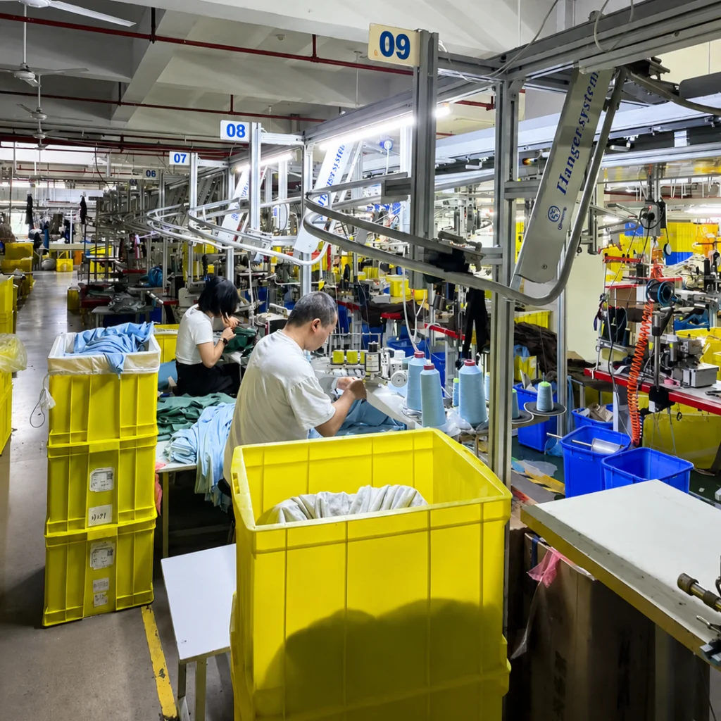 Cutting and sewing floor with twelve production lines