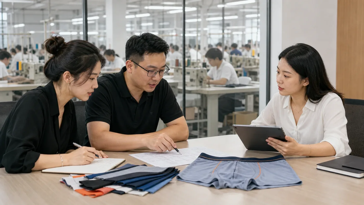 Factory and customer teams reviewing product samples together