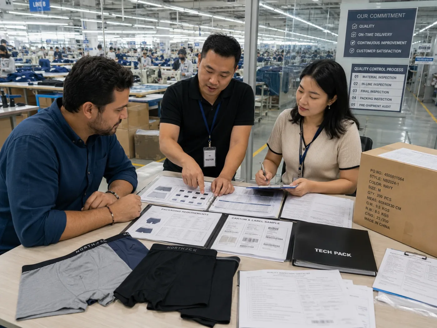 TENSUNG team reviewing quality, packing and production documents on the factory floor
