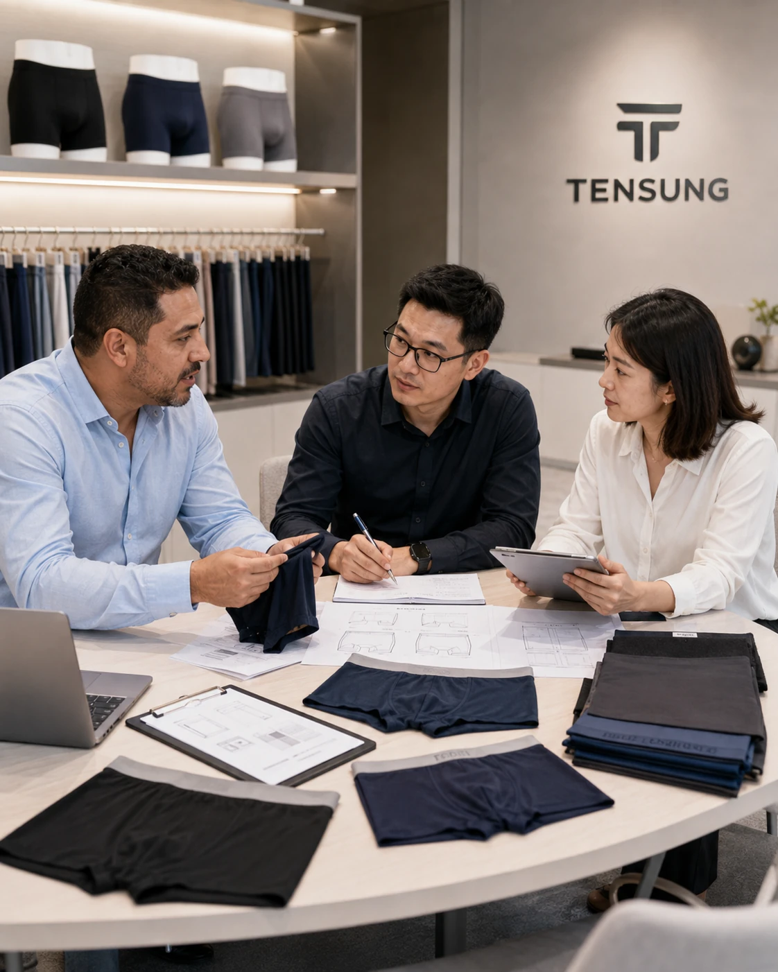 TENSUNG team reviewing underwear specifications with a client