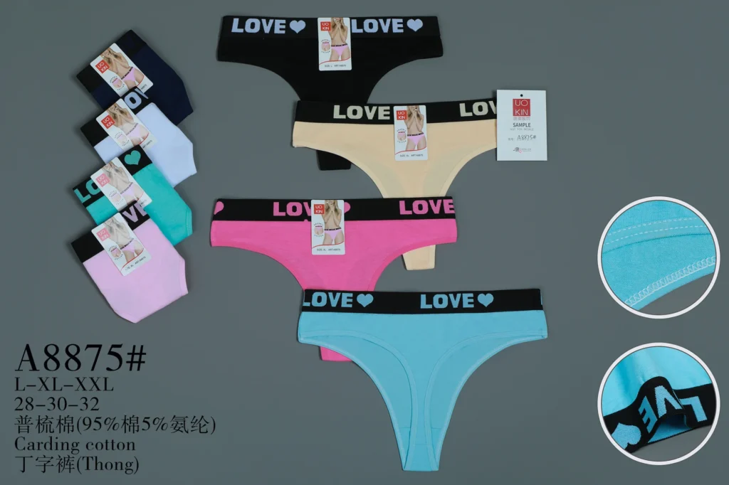 Stock colourways of the LOVE-waistband cotton thong A8875 with stitching and waistband close-ups