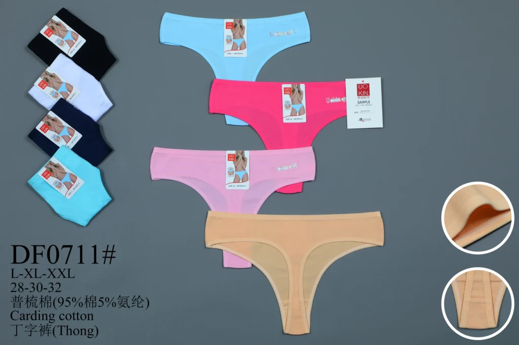 Stock colourways of the script-print cotton thong DF0711 with binding and gusset close-ups
