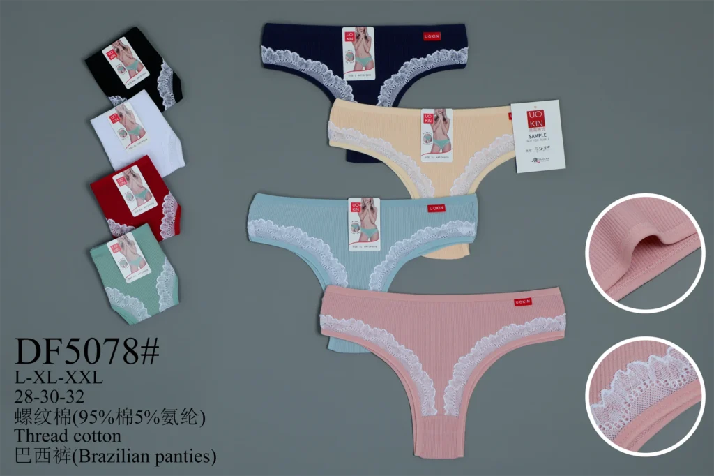 Stock colourways of the lace-trim ribbed cotton Brazilian brief DF5078 with close-ups of the rib and the scalloped lace edge