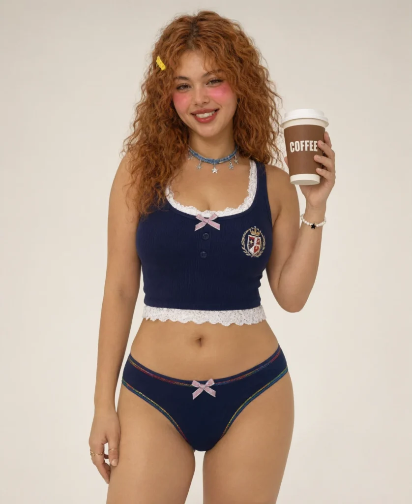Model holding a coffee cup, wearing the navy rainbow-stitch bow cotton thong DF5122 with a lace-trim crop top