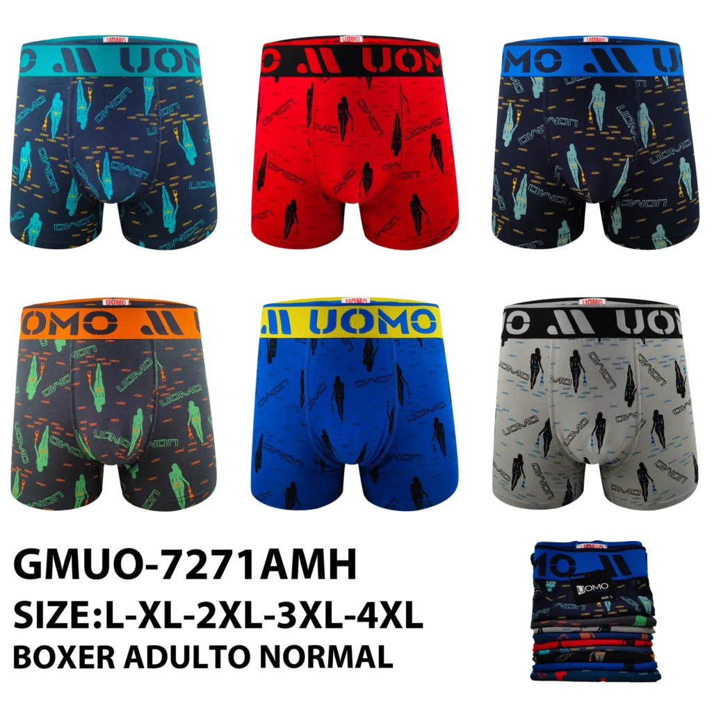 Six stock colourways of the UOMO silhouette-print cotton boxer brief GMUO-7271AMH, graded L to 4XL