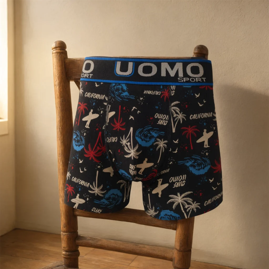 Black UOMO SPORT California surf-print cotton boxer brief GMUO-7412AMH over a wooden chair back, waistband facing camera