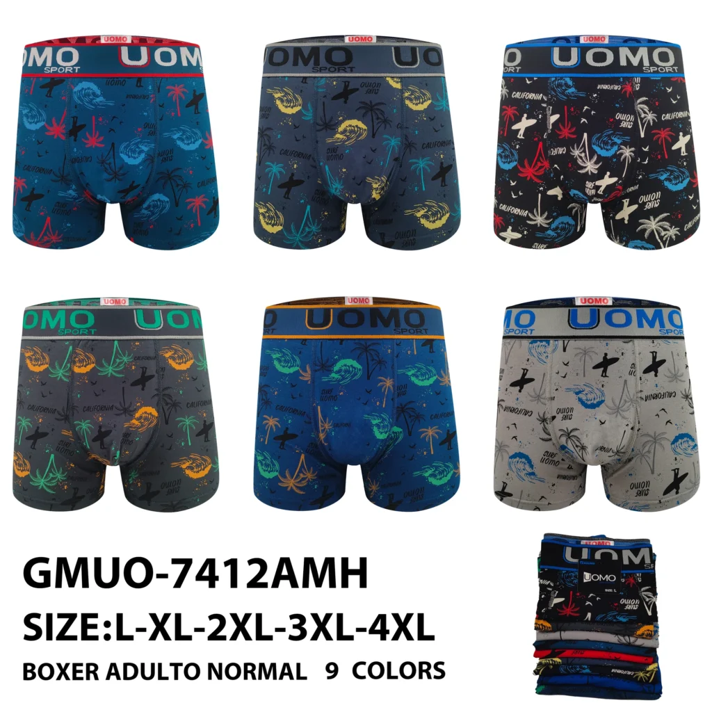 Stock colourways of the UOMO SPORT California surf-print cotton boxer brief GMUO-7412AMH, graded L to 4XL