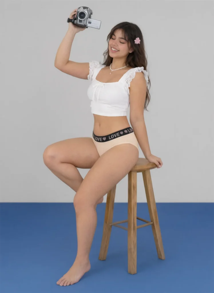 Woman seated on a wooden stool wearing the nude LOVE-waistband cotton Brazilian brief NB5210