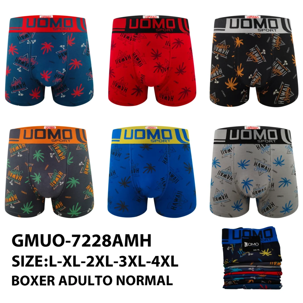 Six stock colourways of the UOMO SPORT Hawaii surf-print cotton boxer brief GMUO-7228AMH, graded L to 4XL