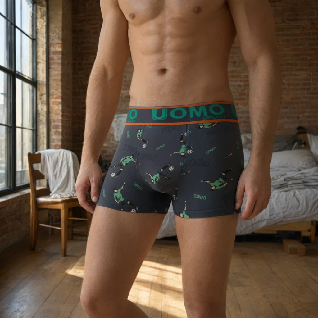 Man wearing the UOMO SPORT football-print cotton boxer brief GMUO-7231AMH in charcoal grey