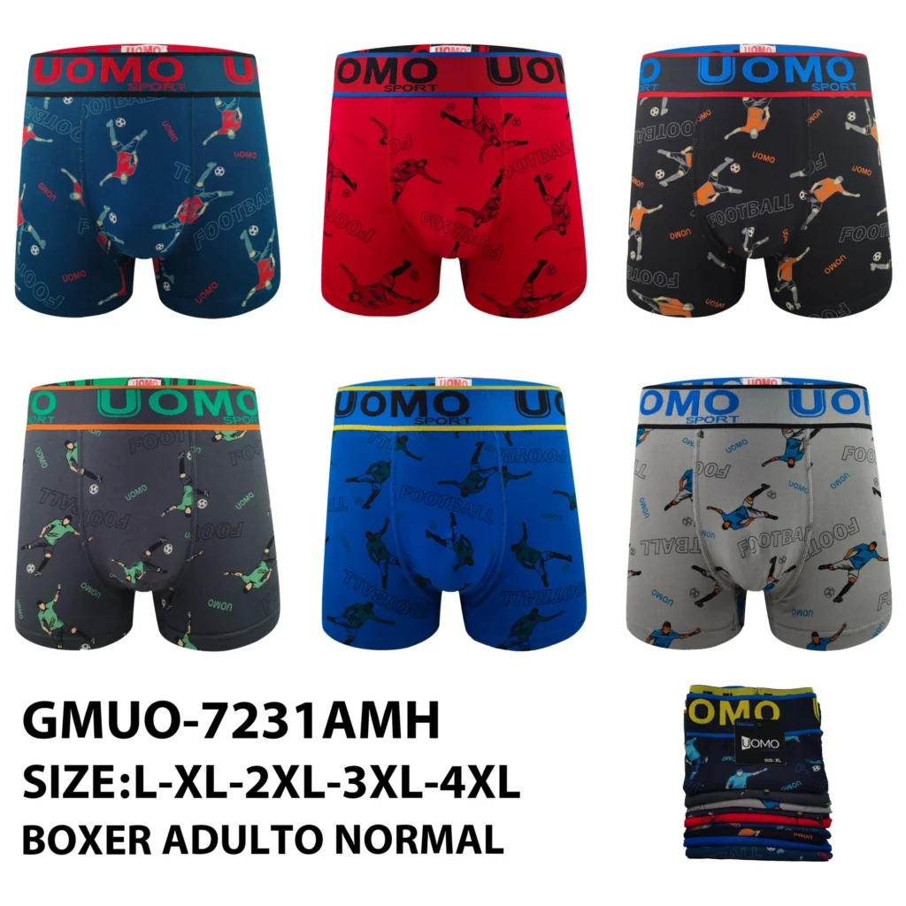 Six stock colourways of the UOMO SPORT football-print cotton boxer brief GMUO-7231AMH, graded L to 4XL