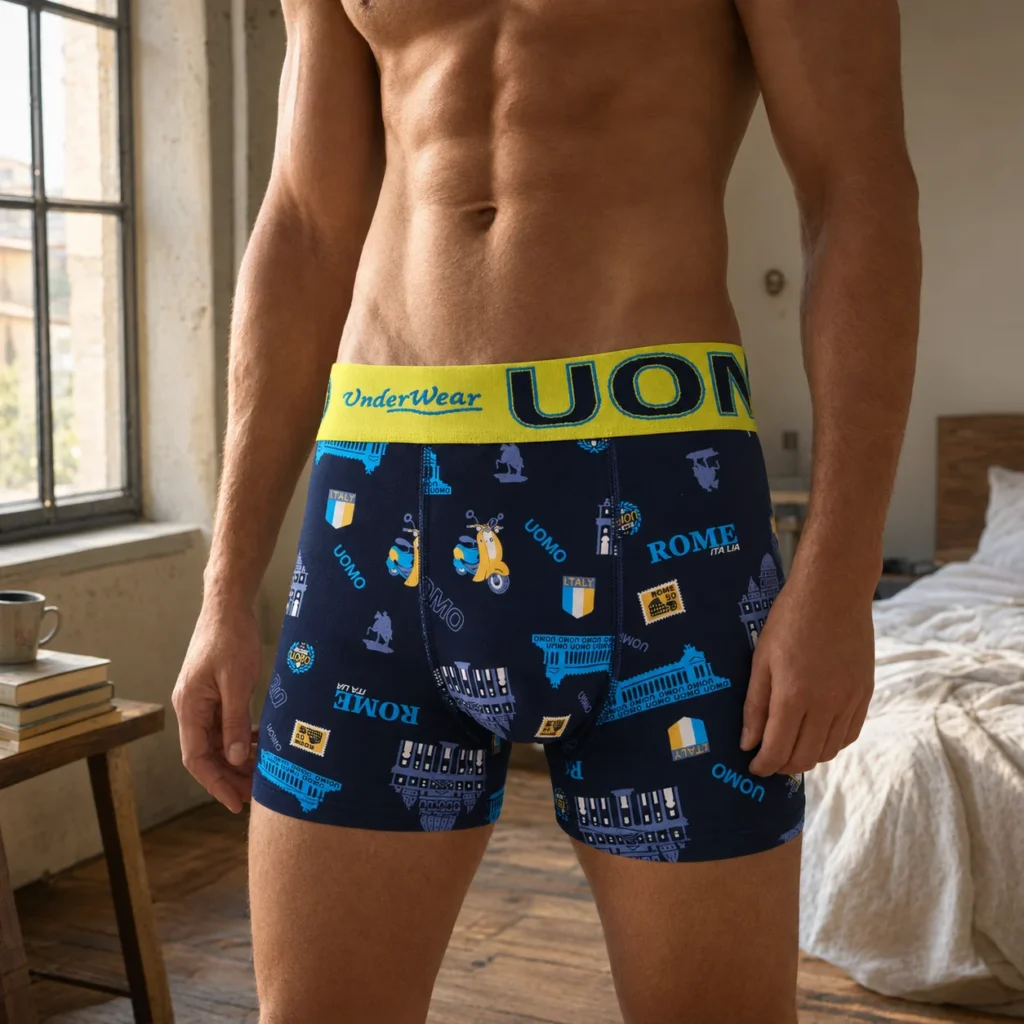 Man wearing the UOMO Rome-print cotton boxer brief GMUO-7330AMH in navy with a yellow waistband