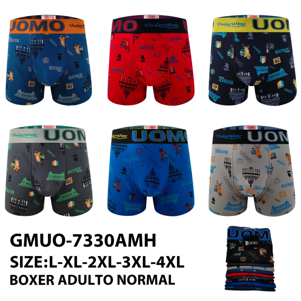 Six stock colourways of the UOMO Rome-print cotton boxer brief GMUO-7330AMH, graded L to 4XL