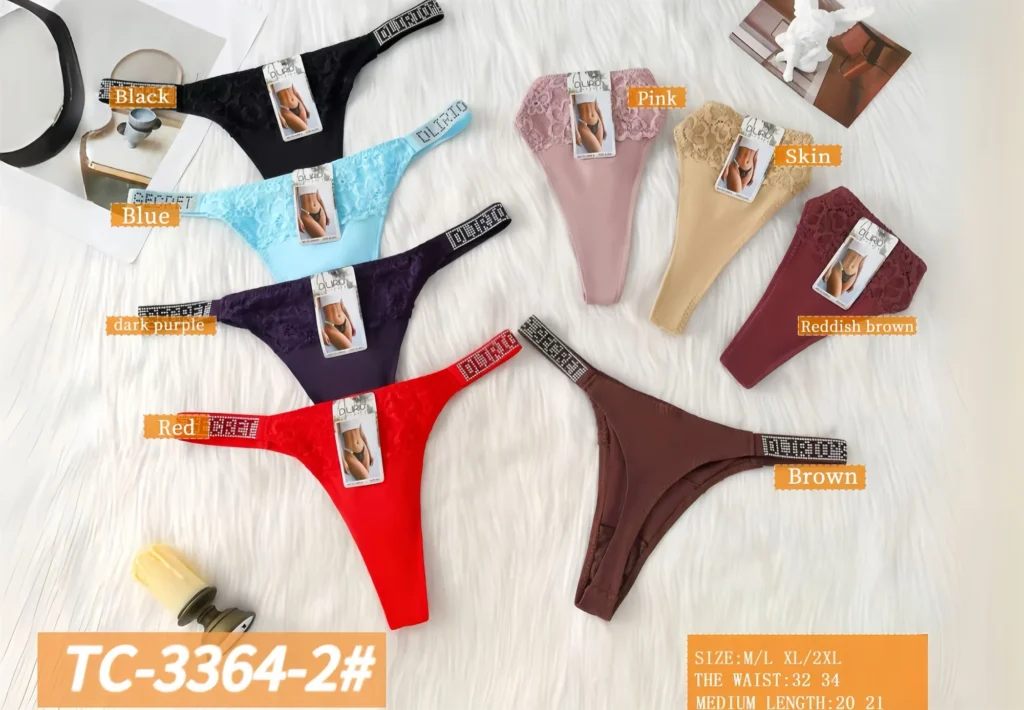 Eight colourways of the rhinestone-strap lace-front thong TC-3364-2