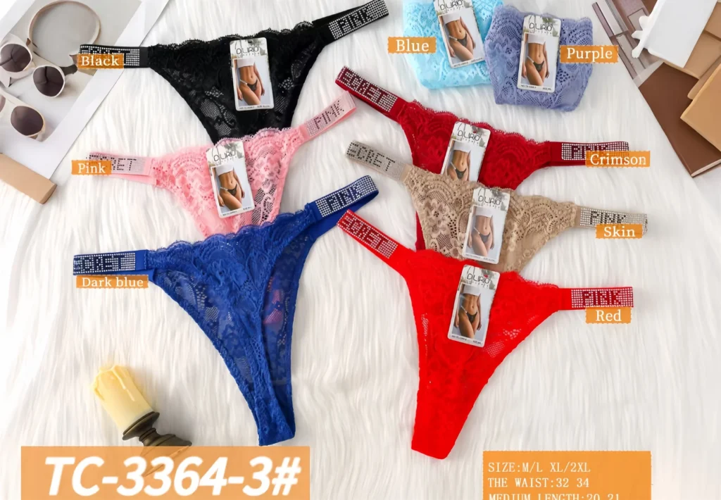Eight colourways of the rhinestone-strap all-lace thong TC-3364-3
