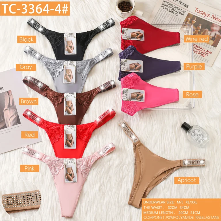 Nine colourways of the rhinestone-strap lace-wing thong TC-3364-4 in polyamide microfibre