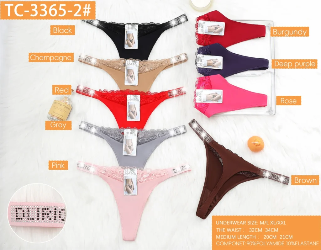 Nine colourways of the lace-edge microfibre thong TC-3365-2