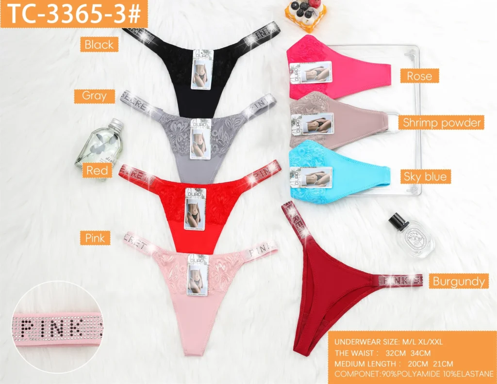 Eight colourways of the wide lace-panel thong TC-3365-3