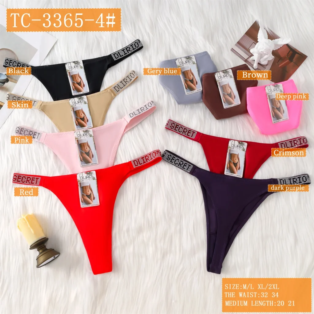 Nine colourways of the seamless rhinestone-strap thong TC-3365-4