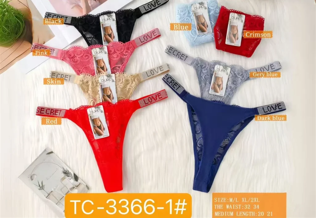 Eight colourways of the scalloped-lace front thong TC-3366-1