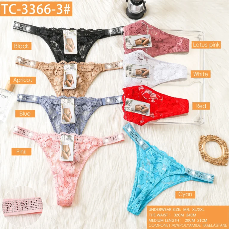 Eight colourways of the crochet floral-lace thong TC-3366-3 with rhinestone side straps