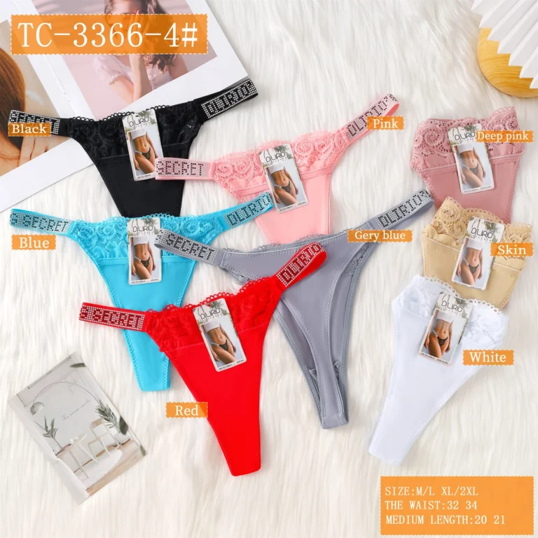 Eight colourways of the scalloped lace-top thong TC-3366-4 with rhinestone side straps