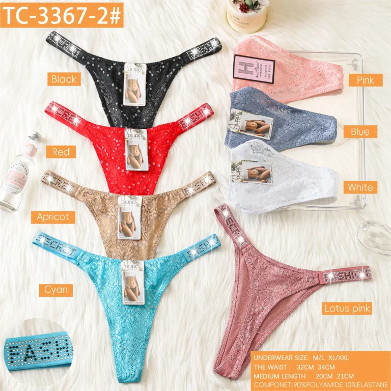 Eight colourways of the glitter-dot lace thong TC-3367-2 with rhinestone side straps