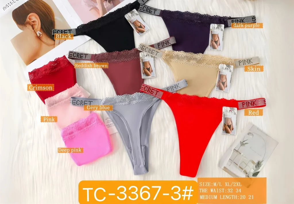 Nueve colores de stock de la tanga con ribete fino de encaje TC-3367-3