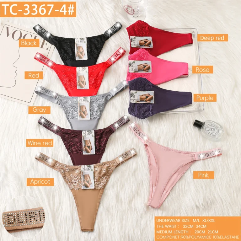 Nine colourways of the half-lace front thong TC-3367-4 with rhinestone side straps