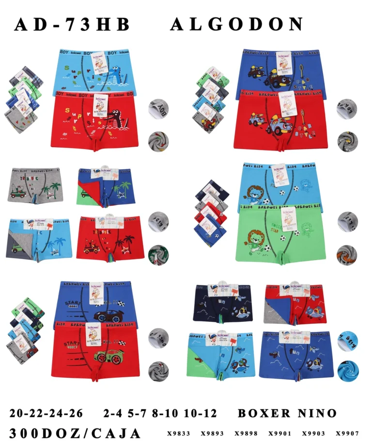 AD-73HB boys' boxer brief assortment sheet showing styles X9833, X9893, X9898, X9901, X9903 and X9907 in their stock colours