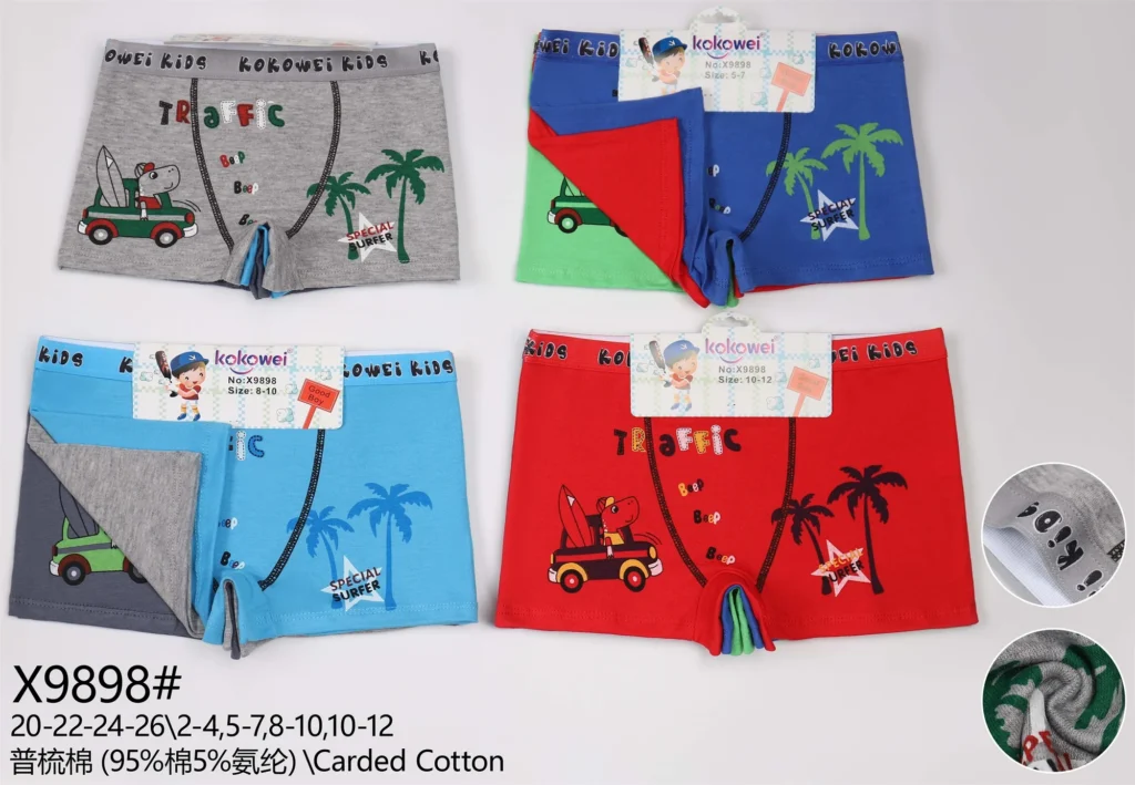 Boys' cotton boxer brief X9898 with a surf truck, palm trees and Traffic print, shown in five colours