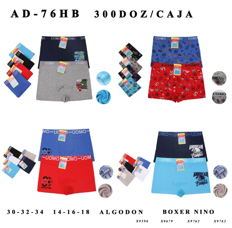 AD-76HB older boys' boxer brief assortment sheet showing styles X9396, X9679, X9762 and X9763 in their stock colours