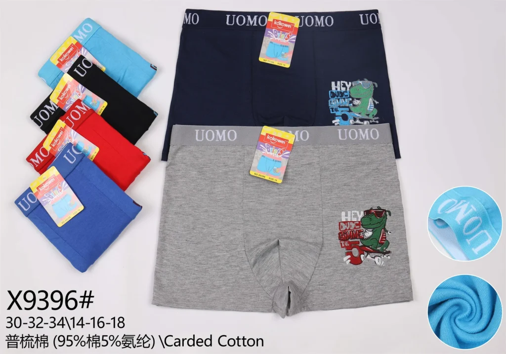 Older boys' cotton boxer brief X9396 with a skateboarding dinosaur and Hey Dude print, shown in six colours