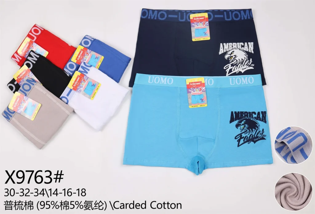Older boys' cotton boxer brief X9763 with an American Eagles varsity hip print, shown in seven colours