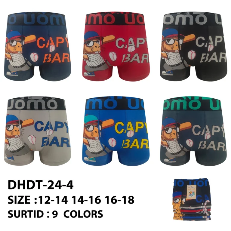 Nine stock colourways of the boys' capybara baseball-print boxer brief DHDT-24-4, graded 12-14 to 16-18
