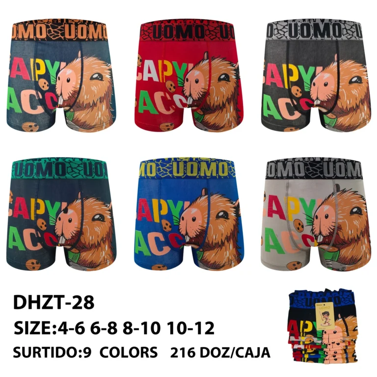 Nine stock colourways of the younger boys' capybara-face print boxer brief DHZT-28, graded 4-6 to 10-12