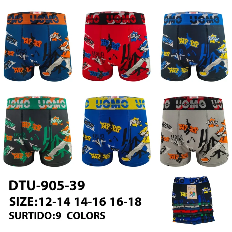 Nine stock colourways of the boys' hip-hop graffiti boxer brief DTU-905-39, graded 12-14 to 16-18