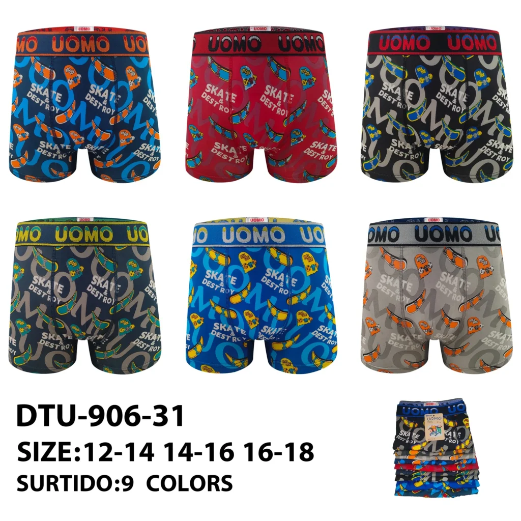 Nine stock colourways of the boys' skateboard all-over print boxer brief DTU-906-31, graded 12-14 to 16-18