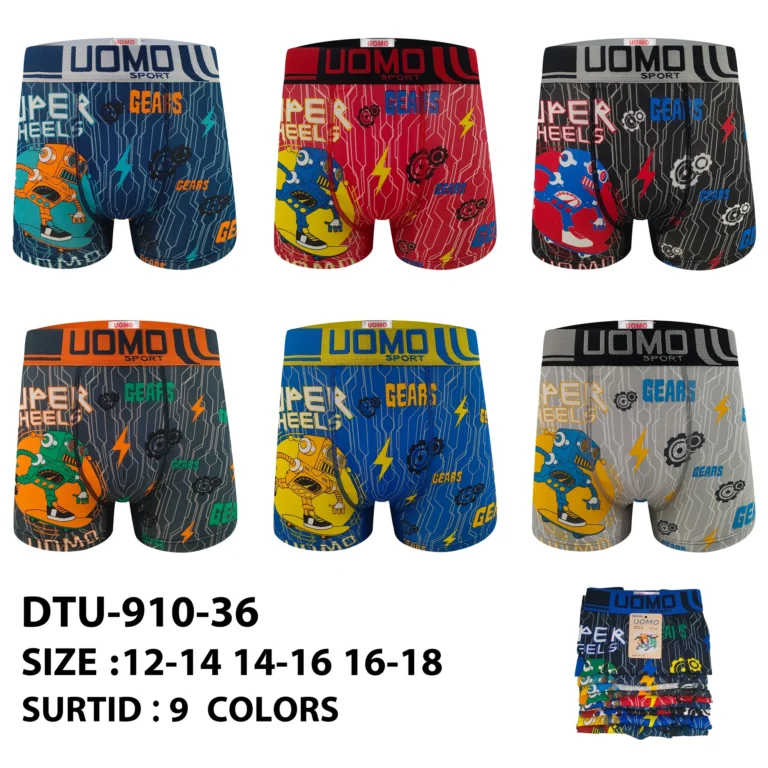 Nine stock colourways of the boys' robot and gears print boxer brief DTU-910-36, graded 12-14 to 16-18