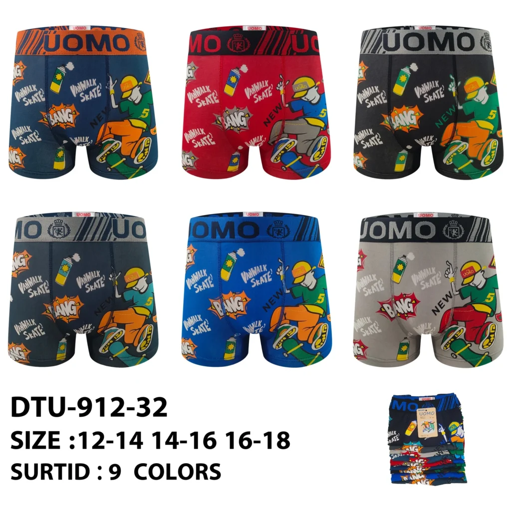 Nine stock colourways of the boys' street-skater print boxer brief DTU-912-32, graded 12-14 to 16-18