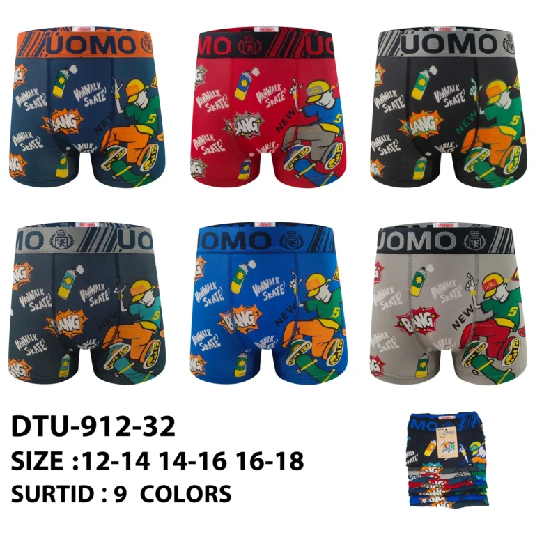Nine stock colourways of the boys' street-skater print boxer brief DTU-912-32, graded 12-14 to 16-18