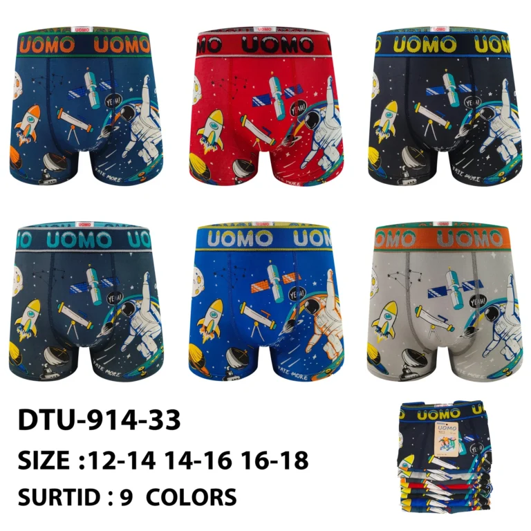 Nine stock colourways of the boys' astronaut space-print boxer brief DTU-914-33, graded 12-14 to 16-18