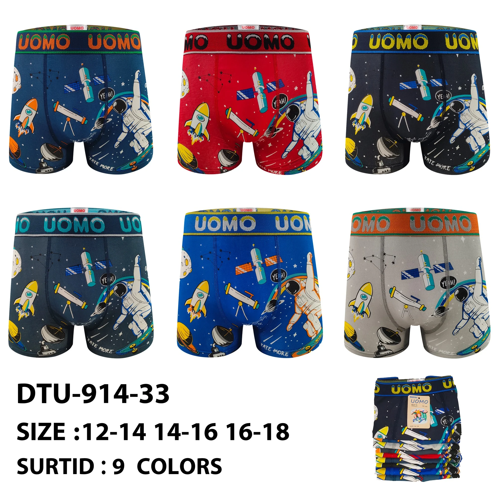 Nine stock colourways of the boys' astronaut space-print boxer brief DTU-914-33, graded 12-14 to 16-18
