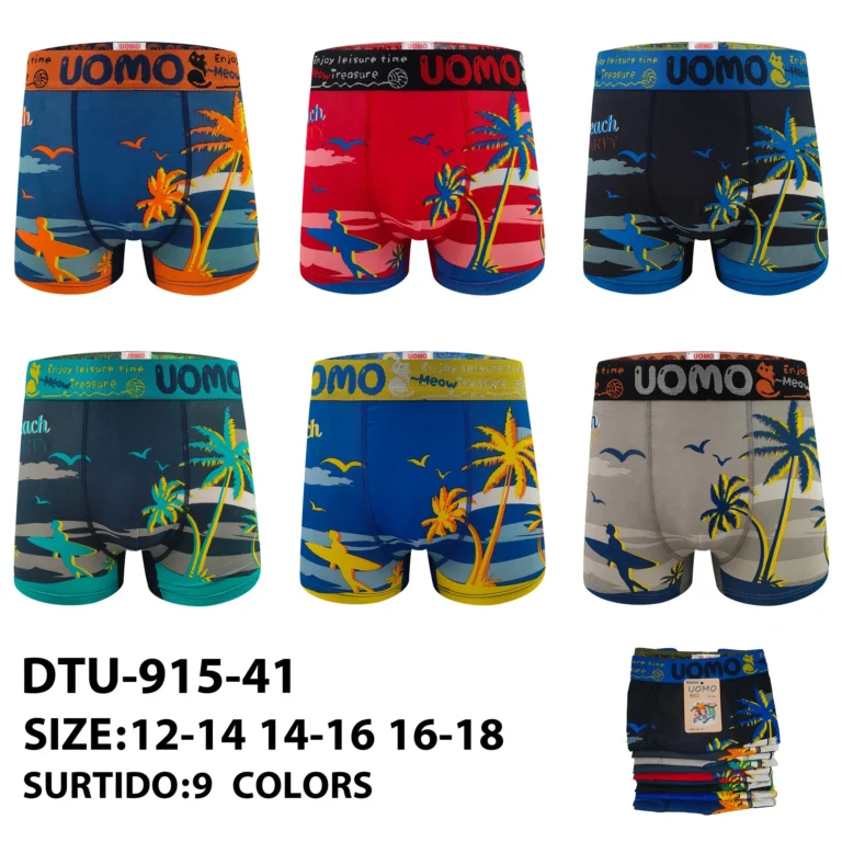 Nine stock colourways of the boys' palm-beach surfer boxer brief DTU-915-41, graded 12-14 to 16-18
