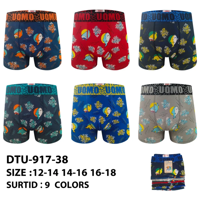 Nine stock colourways of the boys' shark and coral print boxer brief DTU-917-38, graded 12-14 to 16-18