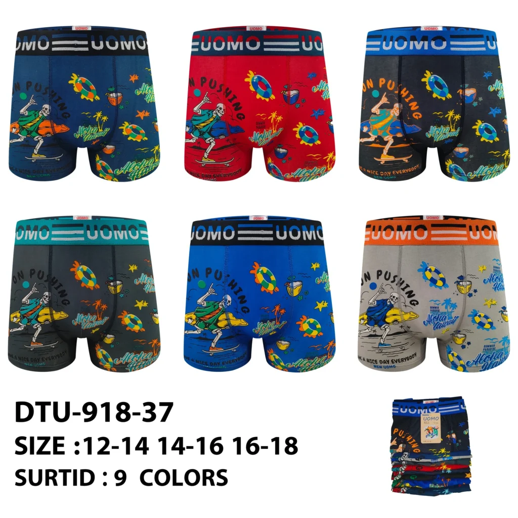 Nine stock colourways of the boys' skeleton skater aloha print boxer brief DTU-918-37, graded 12-14 to 16-18