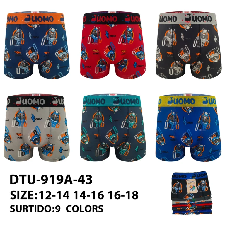 Nine stock colourways of the boys' robot-rider print boxer brief DTU-919A-43, graded 12-14 to 16-18