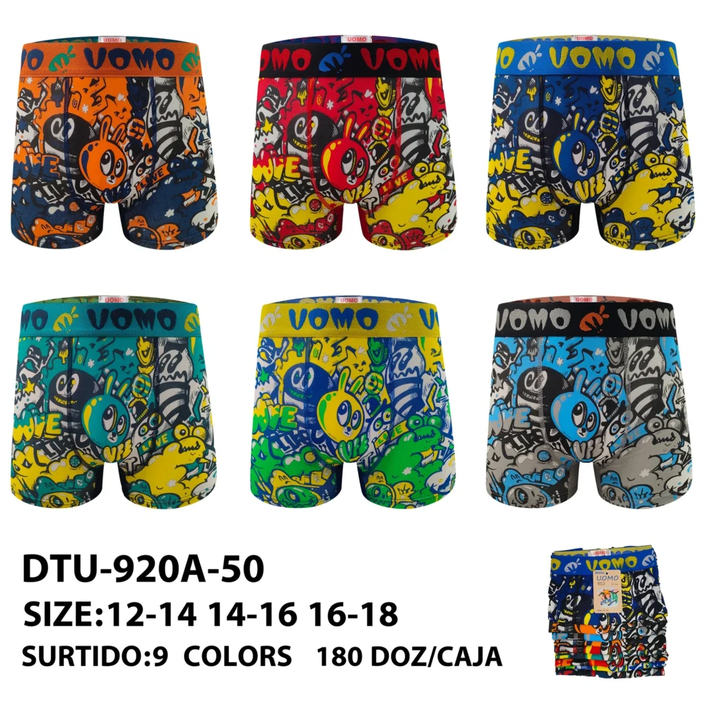Nine stock colourways of the boys' doodle-monster graffiti boxer brief DTU-920A-50, graded 12-14 to 16-18
