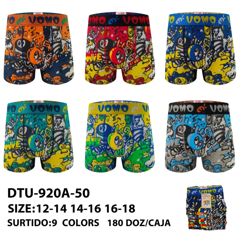 Nine stock colourways of the boys' doodle-monster graffiti boxer brief DTU-920A-50, graded 12-14 to 16-18