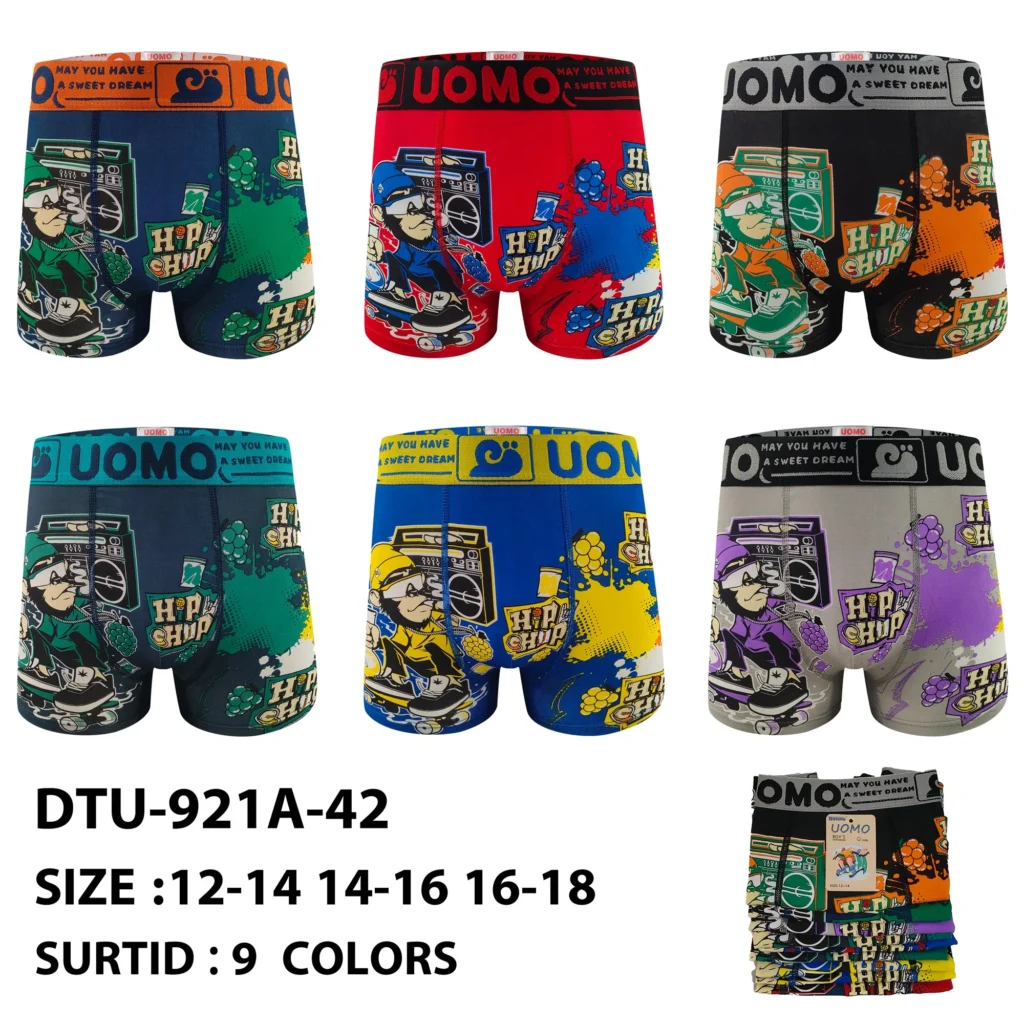 Nine stock colourways of the boys' boombox hip-hop print boxer brief DTU-921A-42, graded 12-14 to 16-18